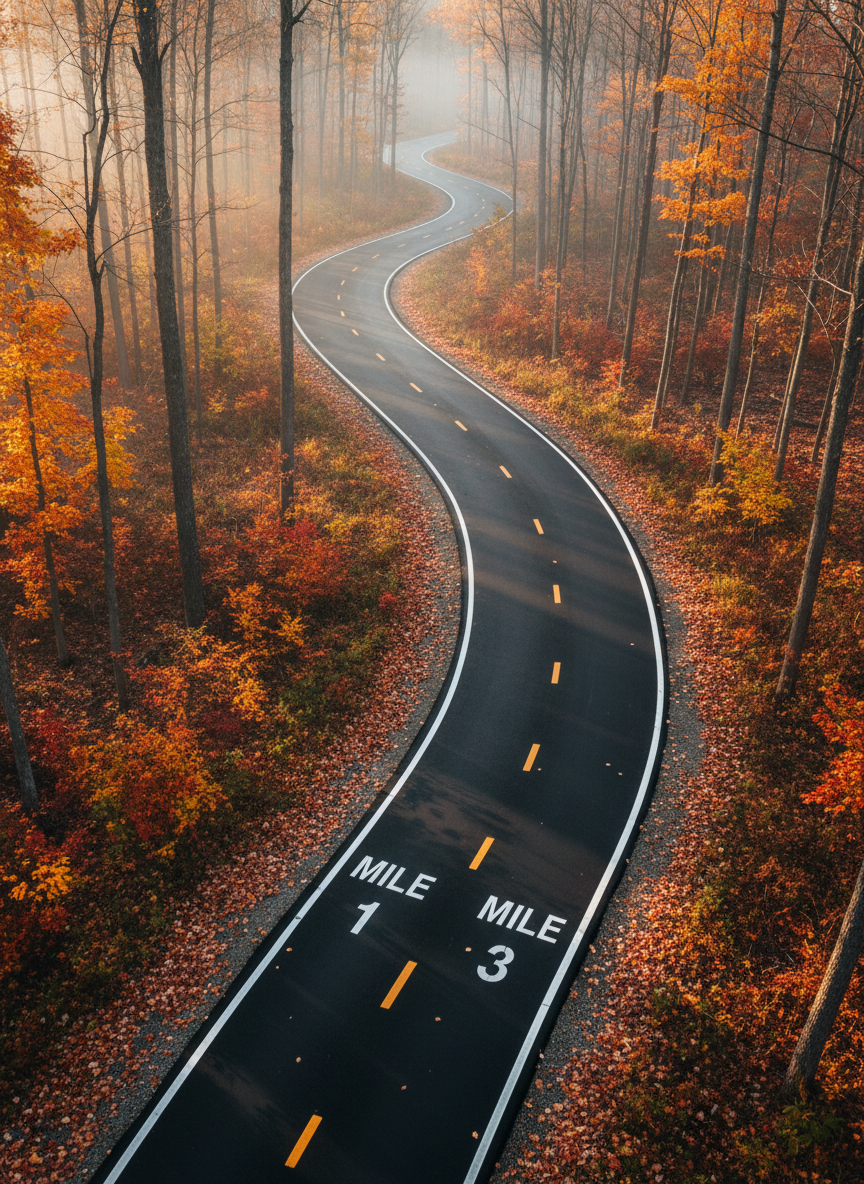 A dramatic overhead photographic view of a winding, freshly paved asphalt trail cutting through a patchwork of autumn forest in Western New York. The path’s crisp white edge lines and distance markers stand out against fiery orange, deep red, and golden-yellow leaves scattered across the ground. Low-angle morning sunlight filters through a thin mist, creating long, soft shadows from bare tree trunks and subtle highlights on the glossy trail surface. The composition uses sweeping curves and strong leading lines to convey speed and direction, with sharp focus throughout. The atmosphere is bold yet serene, suggesting endless race possibilities across the region’s natural landscapes.