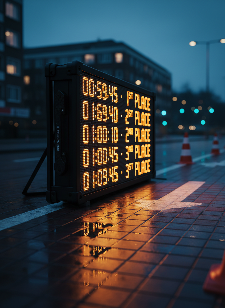 A long, rectangular LED race results display board mounted on a sturdy black metal frame, glowing confidently in the blue hour just after sunset. Bright amber digits roll through finishing times and placements, reflected faintly on the damp brick pathway beneath it. Cones and small directional arrows line the edges of the scene, while distant streetlights create soft, circular bokeh. Photographic realism, shot from a three-quarter angle at eye level, keeps the scrolling times in crisp focus while the background dissolves into moody blur. The lighting is dramatic and high-contrast, giving the image a bold, high-tech atmosphere that emphasizes precise, searchable race results.