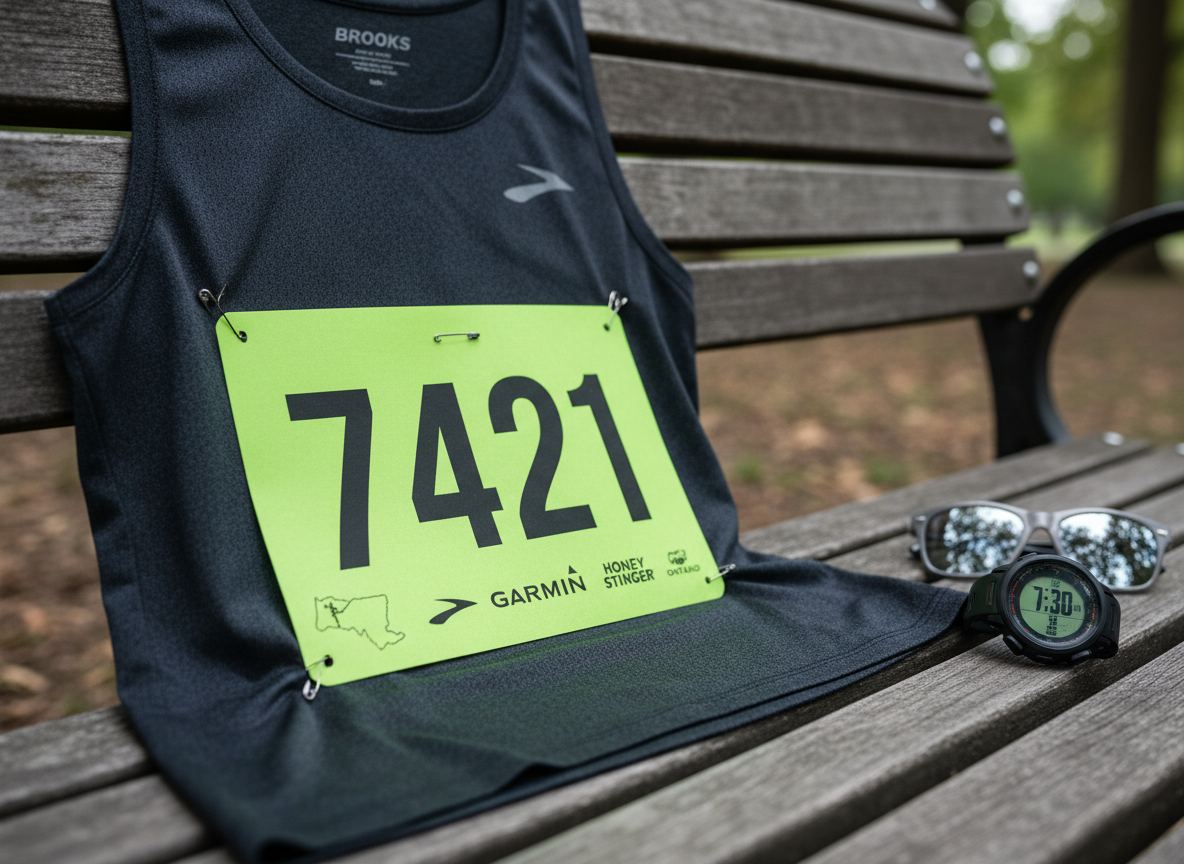A close-up of a bright neon-green race bib pinned to a dark technical running singlet draped over a weathered wooden bench. The bib displays a bold four-digit number, subtle sponsor logos, and a tiny map icon indicating Western NY and Ontario. Soft overcast daylight from a nearby window creates even, diffused lighting, highlighting the fabric’s moisture-wicking texture and the fine perforations along the bib’s edge. A digital sports watch and a pair of reflective sunglasses rest nearby, slightly out of focus. Photographic realism with a shallow depth of field draws the eye to the bib, capturing a mood of focused anticipation and readiness before a race.