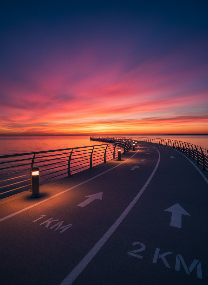 A panoramic photographic scene of a lakeside running path along Lake Ontario at dawn, the sky streaked with intense magentas, oranges, and deep blues reflecting off gently rippling water. The smooth concrete path, marked with bold distance stencils and arrow icons, curves decisively along the shoreline, framed by minimalist metal rails and low, modern lighting bollards still faintly glowing. The rising sun provides warm, low-angle light, casting long, crisp shadows and making the path markings pop. Captured from a low, wide-angle perspective, the composition uses strong leading lines to create a sense of forward motion. The mood is bold, inspiring, and full of potential, ideal for a regional running events hub.